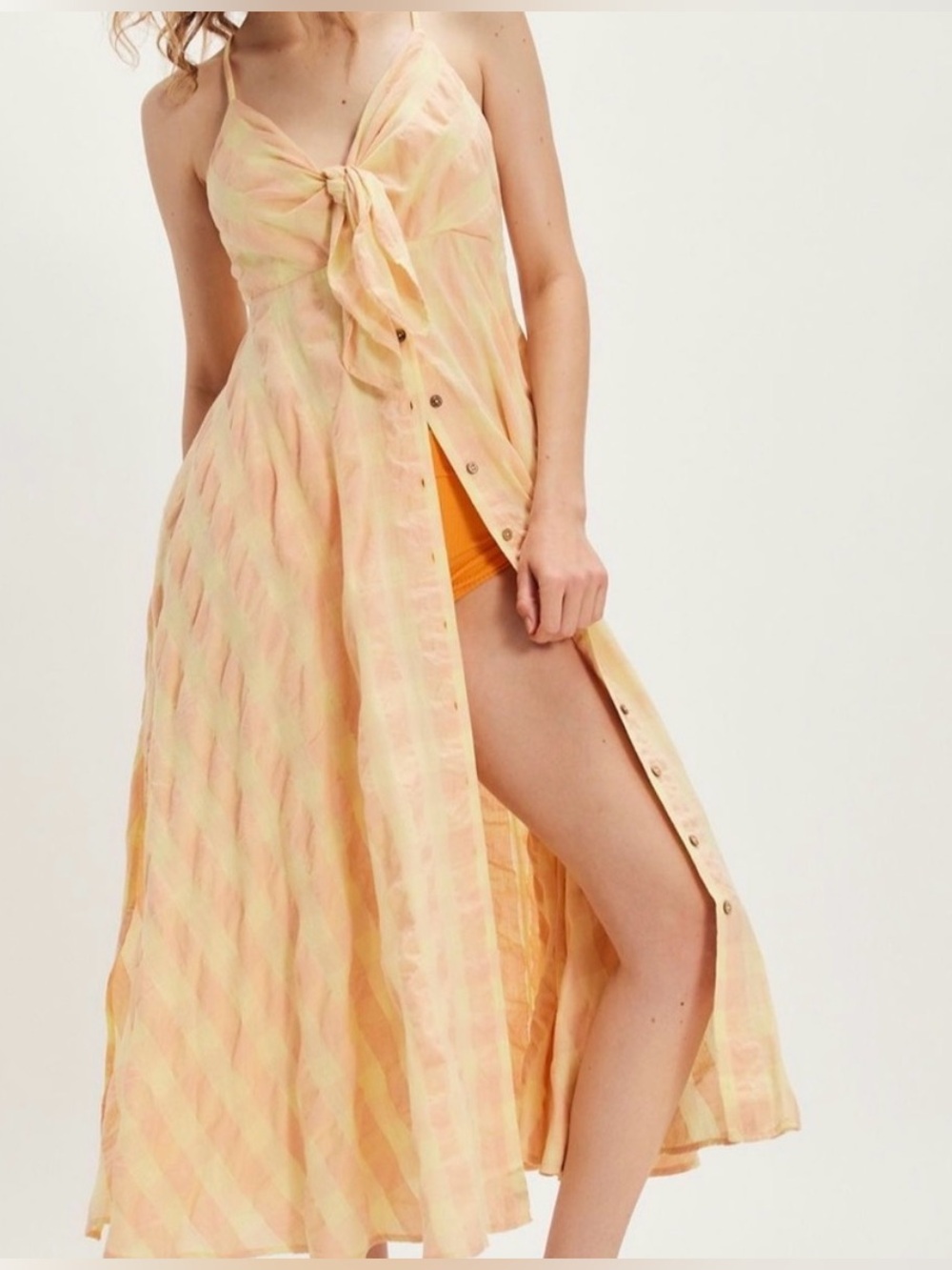Free People Via Gingham Cotton Seersucker Sundress Peach Tie Front Midi Dress XS